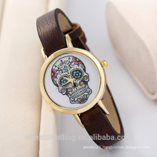 Fashion Leather Thin Band Gold Dail Face Skull Design Lady Watch 2015